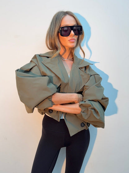 Trench Cropped de Manga Globo en Color Khaki