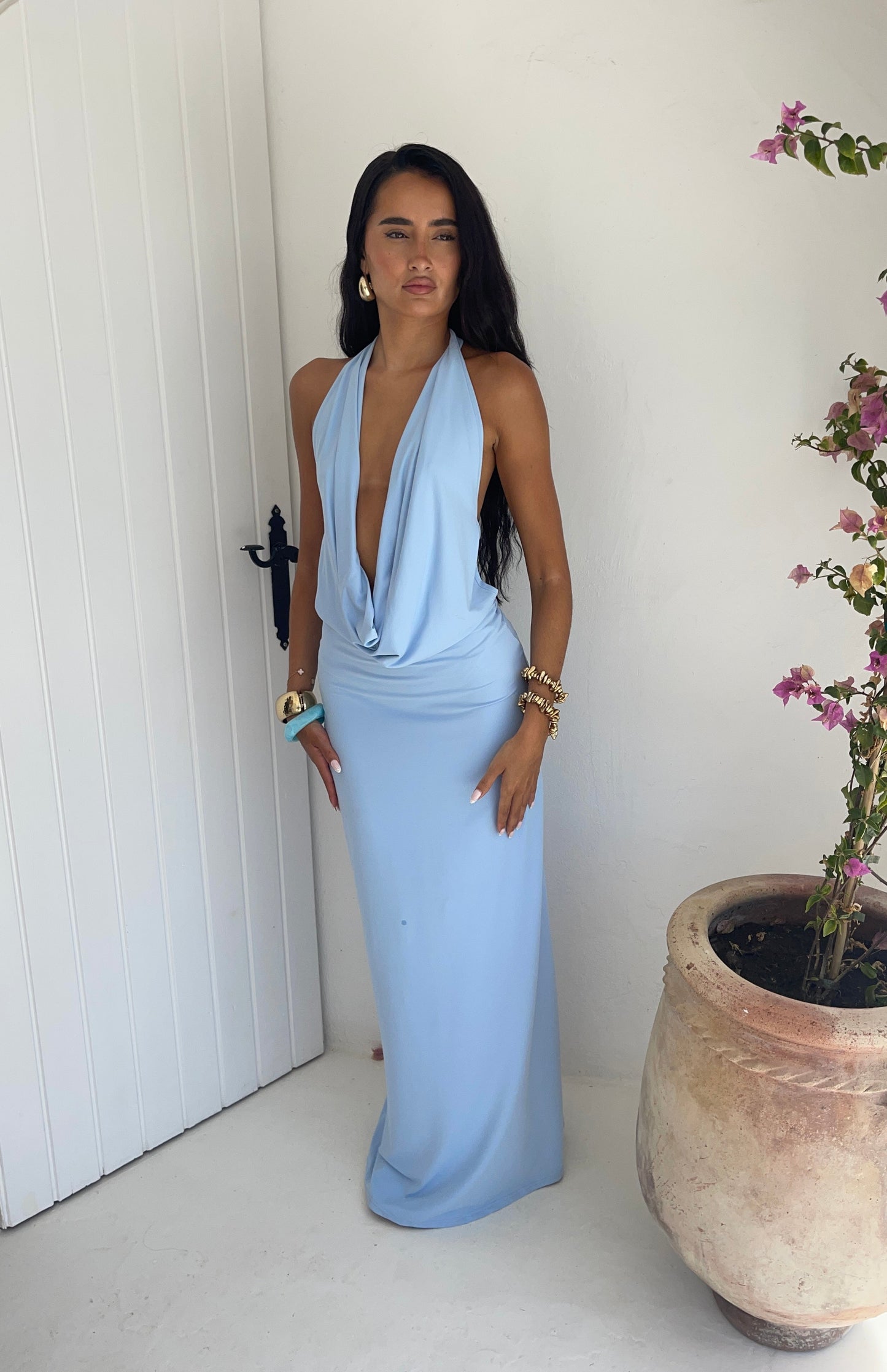 Vestido Riviera Plunge Maxi en Azul Océano