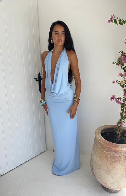 Vestido Riviera Plunge Maxi en Azul Océano
