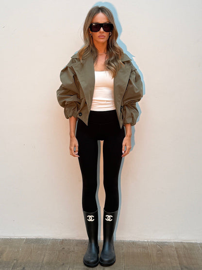 Trench Cropped de Manga Globo en Color Khaki