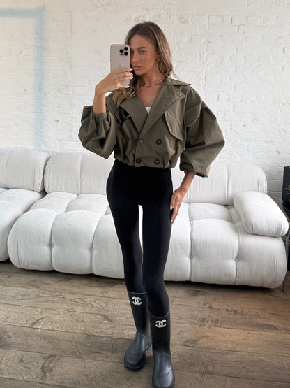 Trench Cropped de Manga Globo en Color Khaki